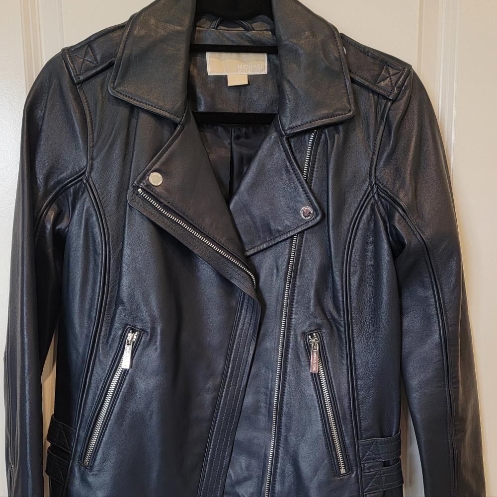 Michael Kors Navy Blue Leather Moto Jacket XS